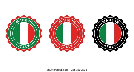 Circular Made in Italy badge featuring bold national flag design. Ideal for branding, product labeling, packaging, and promoting Italian authenticity.