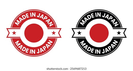 Circular Made in Japan badge featuring bold national flag elements. Ideal for branding, product labeling, and showcasing Japanese-made goods with authenticity.