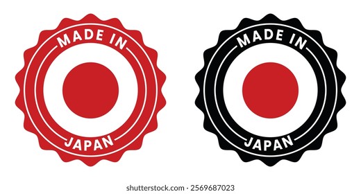 Circular Made in Japan badge with red and white flag elements. Perfect for product branding, labeling, and packaging authentic Japanese goods.