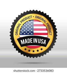 Circular hecho en EE.UU. Insignia original del Vector del Producto, icono del sello de la bandera americana. Sello dorado y negro con texto de PRODUCTO ORIGINAL, cinta y cinco estrellas. Perfecto para la fabricación americana, y garantía de producto genuino, logotipo, etiqueta engomada, pin, emblema, empaquetado del producto, materiales de comercialización, y marca.