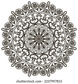 Circular mandala in black on a white background. Contoured ethnic ornament. Oriental floral pattern.