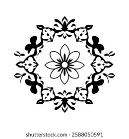 Circular Mandala with Black and White Floral Design: Elegant Symmetrical Pattern for Art, Decoration, and Spiritual Symbolism