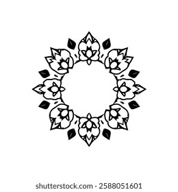 Circular Mandala: Black and White Floral Ornament, Symmetrical Pattern Design, Elegant Decorative Frame, Geometric Artwork, Vector Graphic Template