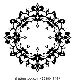 Circular Mandala: Black and White Symmetrical Floral Pattern Design. Elegant Ornamental Art, Vintage Decorative Graphic. Perfect for Print, Web, and Textile.