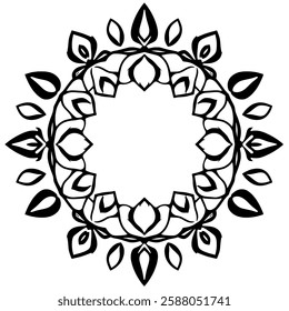 Circular Mandala: Black and White Symmetrical Floral Pattern Design. Perfect for creating decorative frames, borders, and backgrounds.