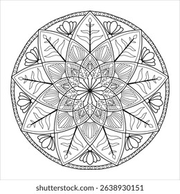 
Circular Mandala Coloring Page Vector - Sectioned Floral Geometric Pattern Adult Meditation Art Black White Line Design Printable Stress Relief