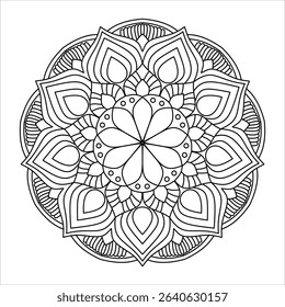 Circular Mandala Coloring Page Vector - Detailed Floral Lotus Pattern Design for Adult Relaxation and Mindful Art Therapy