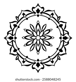 Circular Mandala Design: Black and White Floral Ornament. Geometric Pattern, Symmetrical, Decorative Art. Perfect for Print, Home Decor, and Yoga.