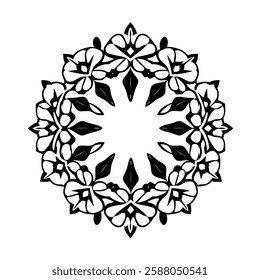 Circular Mandala Design: Black and White Floral Pattern, Symmetrical Flower Illustration, Vintage Ornamental Art