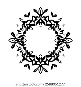 Circular Mandala Design: Black and White Symmetrical Floral Pattern, Ornamental Frame, Vintage Decorative Art Illustration