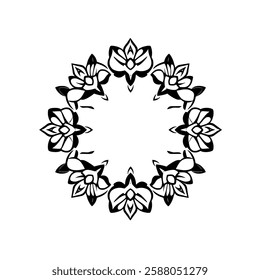 Circular Mandala Design: Black and White Floral Pattern, Symmetrical Round Frame, Vintage Ornamental Art