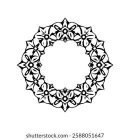 Circular Mandala Design: Black and White Floral Frame. Perfect for invitations, cards, and decorative projects. A symmetrical, geometric pattern with intricate details.