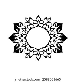 Circular Mandala Design: Black and White Symmetrical Floral Pattern. Perfect for invitations, decorations, and digital art projects.