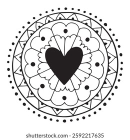 A circular mandala design featuring a central heart surrounded by multiple 
