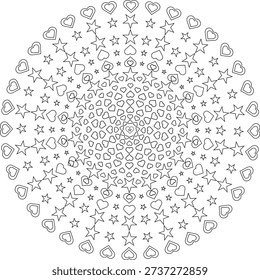Circular mandala design made of heart and star outlines, arranged in a clean and balanced decorative pattern.