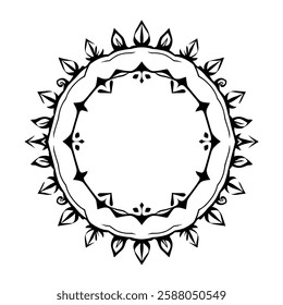 Circular Mandala Design: Ornamental Frame, Symmetrical Floral Pattern, Black and White Vector Graphic