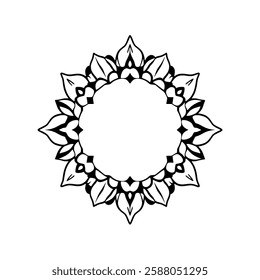 Circular Mandala Design: Symmetrical Floral Pattern, Decorative Frame, Black and White Line Art, Geometric Artwork, Vector Template