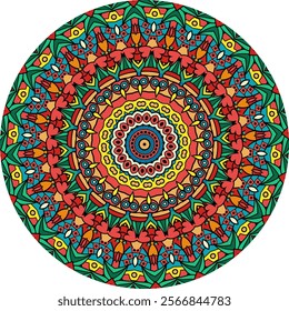 Circular Mandala Featuring Concentric Patterns and Bright Color