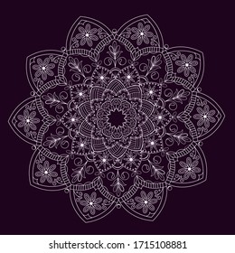 Circular mandala with flowers on a dark background. Vector illustration