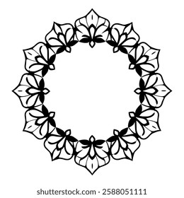 Circular Mandala Frame: Black and White Floral Ornament Design. Perfect for invitations, cards, and decorative projects.