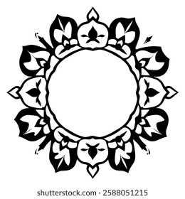 Circular Mandala Frame: Black and White Ornamental Design. Perfect for logos, invitations, and decorative projects. Symmetrical floral pattern, vector illustration.