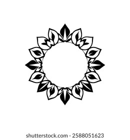 Circular Mandala Frame: Black and White Floral Pattern Design. Perfect for invitations, logos, and decorative projects. Ornamental, symmetrical, and abstract art.