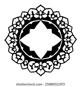 Circular Mandala Frame: Black and White Floral Ornament. Geometric Pattern Design for Vintage, Retro, and Decorative Projects.