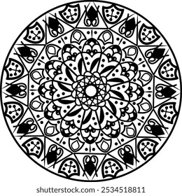 Mandala circular com padrões geométricos e espiral, arte de linha preta e branca para colorir,
 Design decorativo para relaxamento e meditação, perfeito para projetos criativos e atenção