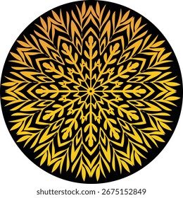 A circular mandala with intricate golden patterns radiating from the center against a dark background. The design features sharp, geometric shapes.