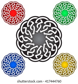 Circular mandala logo symbol in Celtic style. Tribal tattoo symbol. Silver stamp for jewelry design and samples of red, green, blue and golden colors.