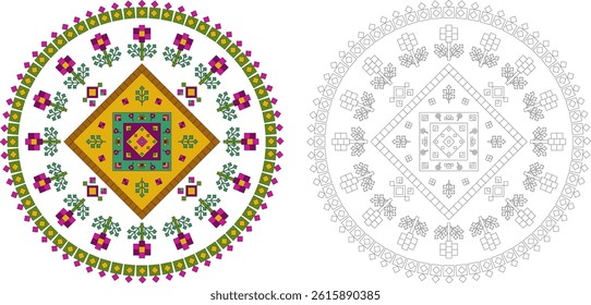Circular mandala ornament made of many squares of different sizes
Coloring page for adults
Anti-stress coloring page