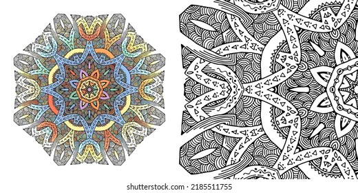 Patrón de mandala circular para colorear, henna, tatuaje, méhndi, libros, decoración. Ornato adorno decorativo de estilo étnico oriental. Imagen del vector