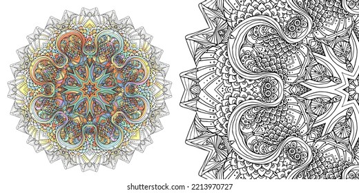 Circular mandala pattern for coloring, henna, tattoo, mehndi, books, decoration. Ornate decorative ornament in ethnic oriental style. Vector image