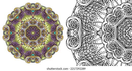 Circular mandala pattern for coloring, henna, tattoo, mehndi, books, decoration. Ornate decorative ornament in ethnic oriental style. Vector image