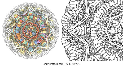 Patrón de mandala circular para colorear, henna, tatuaje, méhndi, libros, decoración. Ornato adorno decorativo de estilo étnico oriental. Imagen del vector