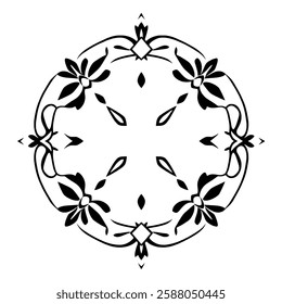 Circular Mandala Pattern: Elegant Black and White Symmetrical Floral Design, Ornamental Abstract Artwork, Vintage Geometric Motif, Decorative Illustration