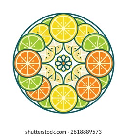 A circular mandala pattern featuring stylized slices of oranges and limes arranged symmetrically, with a small floral element at the center.