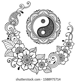 Circular mandala pattern for henna, mehndi, tattoo, decoration. Decorative ornament in Oriental style with Yin-Yang hand drawn symbol, flowers and ethnic floral ornaments. Coloring book page.