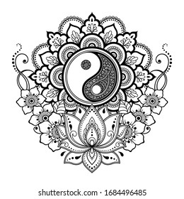 Circular mandala pattern for henna, mehndi, tattoo, decoration. Decorative ornament in Oriental style with Yin-Yang hand drawn symbol, flowers and ethnic floral ornaments. Coloring book page.