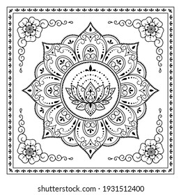 Circular mandala pattern with Lotus flower for Henna, Mehndi, tattoo, decoration. Decorative ornament in ethnic oriental style. Outline doodle hand draw vector illustration.