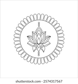 Circular mandala pattern with Lotus flower for Henna. Peaceful Petals, Ability to Relax, Brain Experiences, Harmonious Haven, Peaceful Portraits, Blossoming Beauty mandala design.