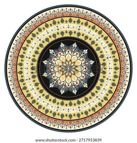 Circular mandala pattern rug, living room rug, tile pattern.