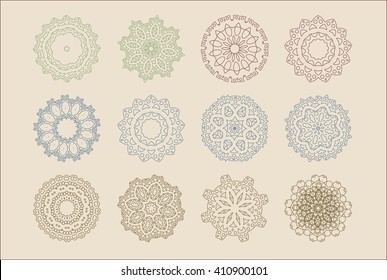 Circular mandalas snowflakes vector design set. Graphic design arabic pattern assets to improve your artwork with geometric ornaments. Vector arabic pattern design set for decorating your design work