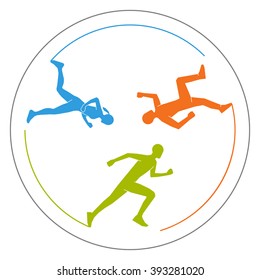 Circular marathon logo. Vector symbol for running club. Colorful running icon. Silhouettes of running men and women.