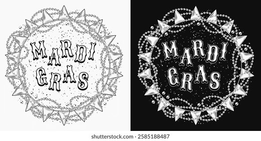 Circular Mardi Gras composition with strings of beads, pennant garland, text. For prints, clothing, t shirt, holiday goods, stuff design