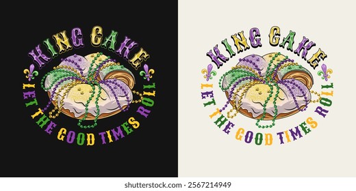 Circular Mardi Gras label with traditional king cake, fleur de Lis sign, text. For prints, clothing, t shirt, surface design. Vintage illustration style