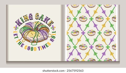 Circular Mardi Gras label with traditional king cake, text. Geometric pattern with colorful fleur de lis symbol, king cake in center of grid cells. Diagonal rhombus grid. Decoration for Mardi Gras