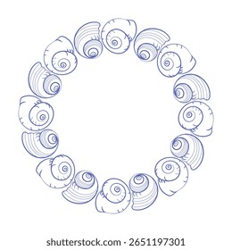 Circular marine frame composed of spiral seashells. Hand-drawn outline design for nautical decor, ocean labels, and summer-themed layouts.