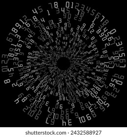 Una matriz circular. Un fondo con una caótica disposición de números. Ciberespacio tecnológico. Codificación decimal de datos. Antecedentes de las ideas temáticas