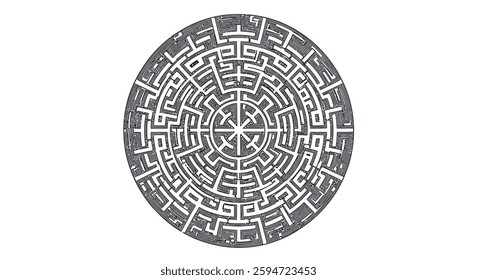 A circular maze with a black and white design
